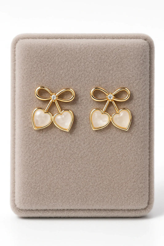 Miyaara Golden Bow Heart Earrings with Crystal Accent - Miyaara