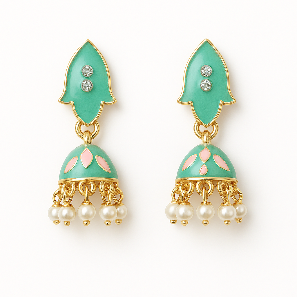 Miyaara Green Enamel Pearl Drop Earrings – Elegant Gold-Tone Jhumki