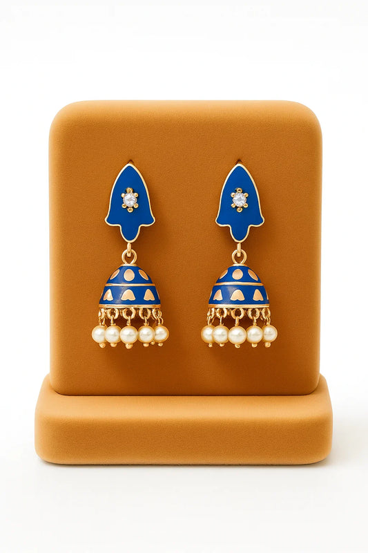 Miyaara Blue Enamel Jhumka Earrings with Pearl Drops