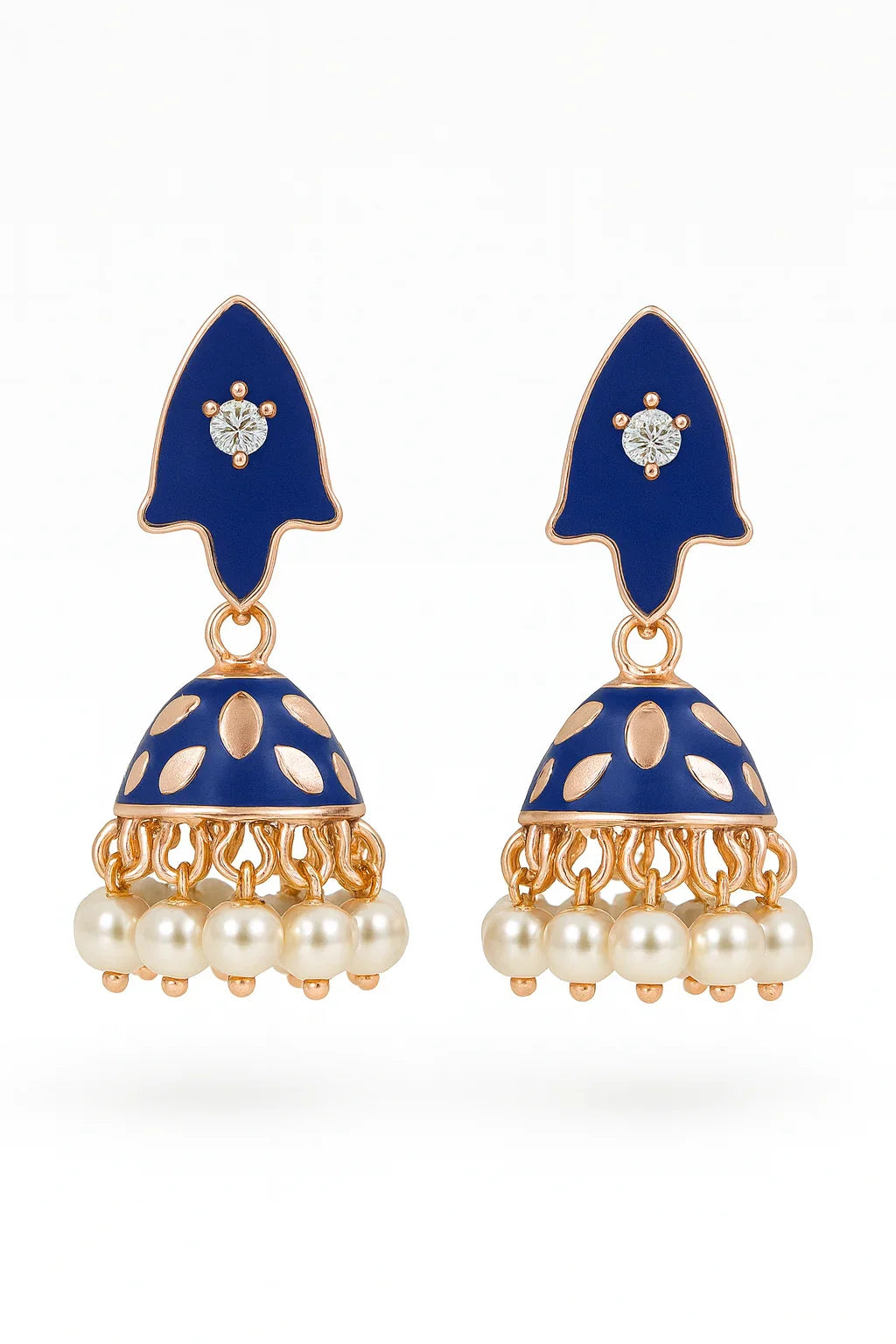 Miyaara Blue Enamel Jhumka Earrings with Pearl Drops