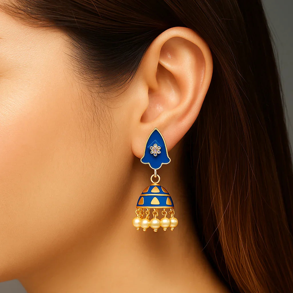Miyaara Blue Enamel Jhumka Earrings with Pearl Drops