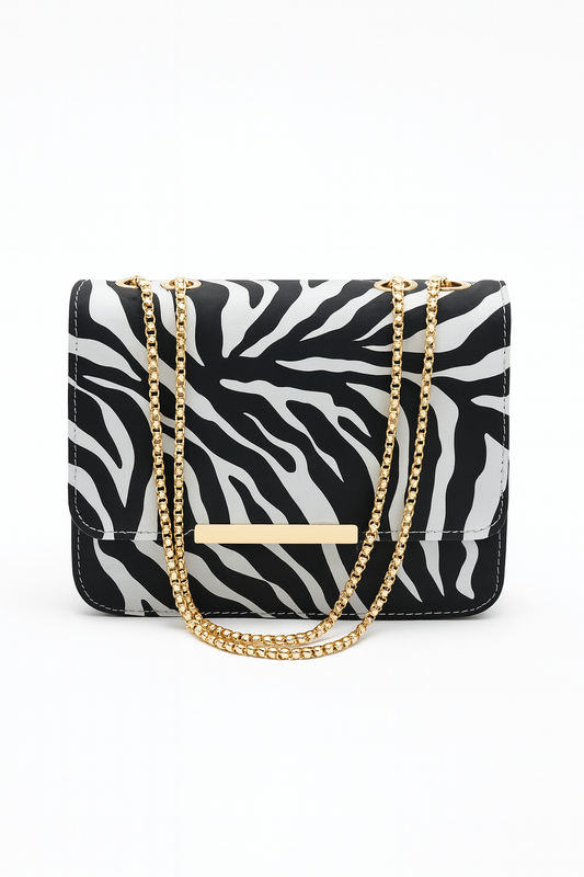 Miyaara Zebra Print Shoulder Bag with Gold Chain
