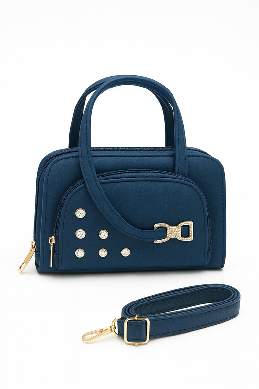 Miyaara Navy Blue Structured Handbag with Gold Detailing