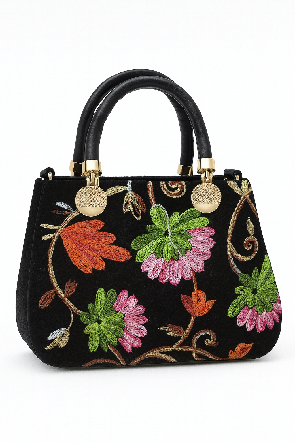Miyaara Black Velvet Floral Embroidered Handbag