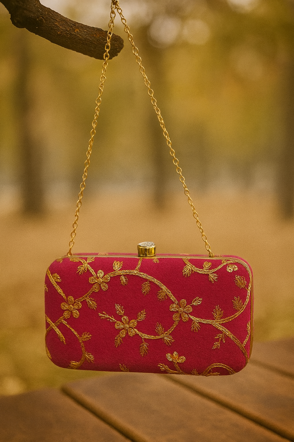 Miyaara Pink Velvet Embroidered Minaudière Clutch