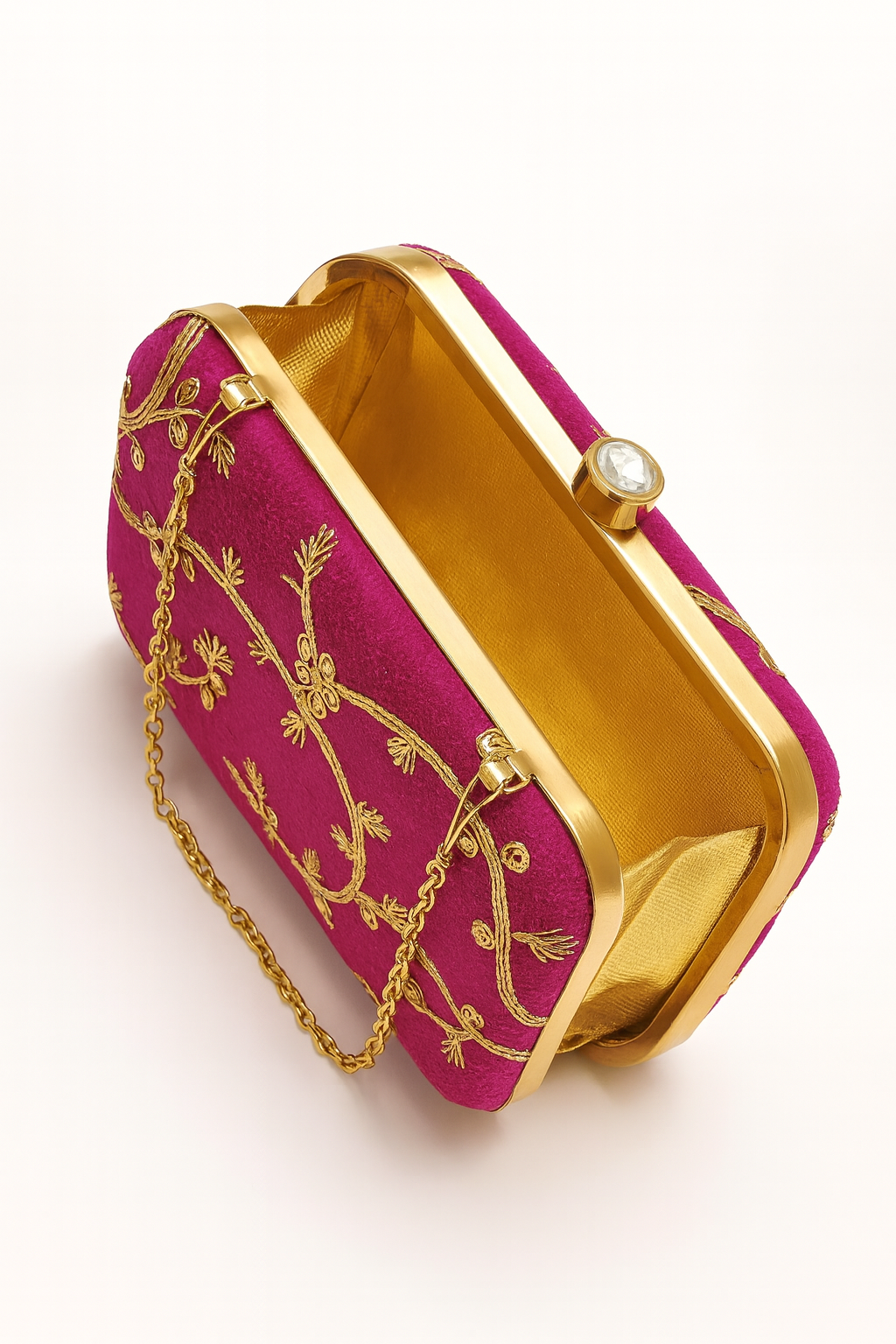 Miyaara Pink Velvet Embroidered Minaudière Clutch