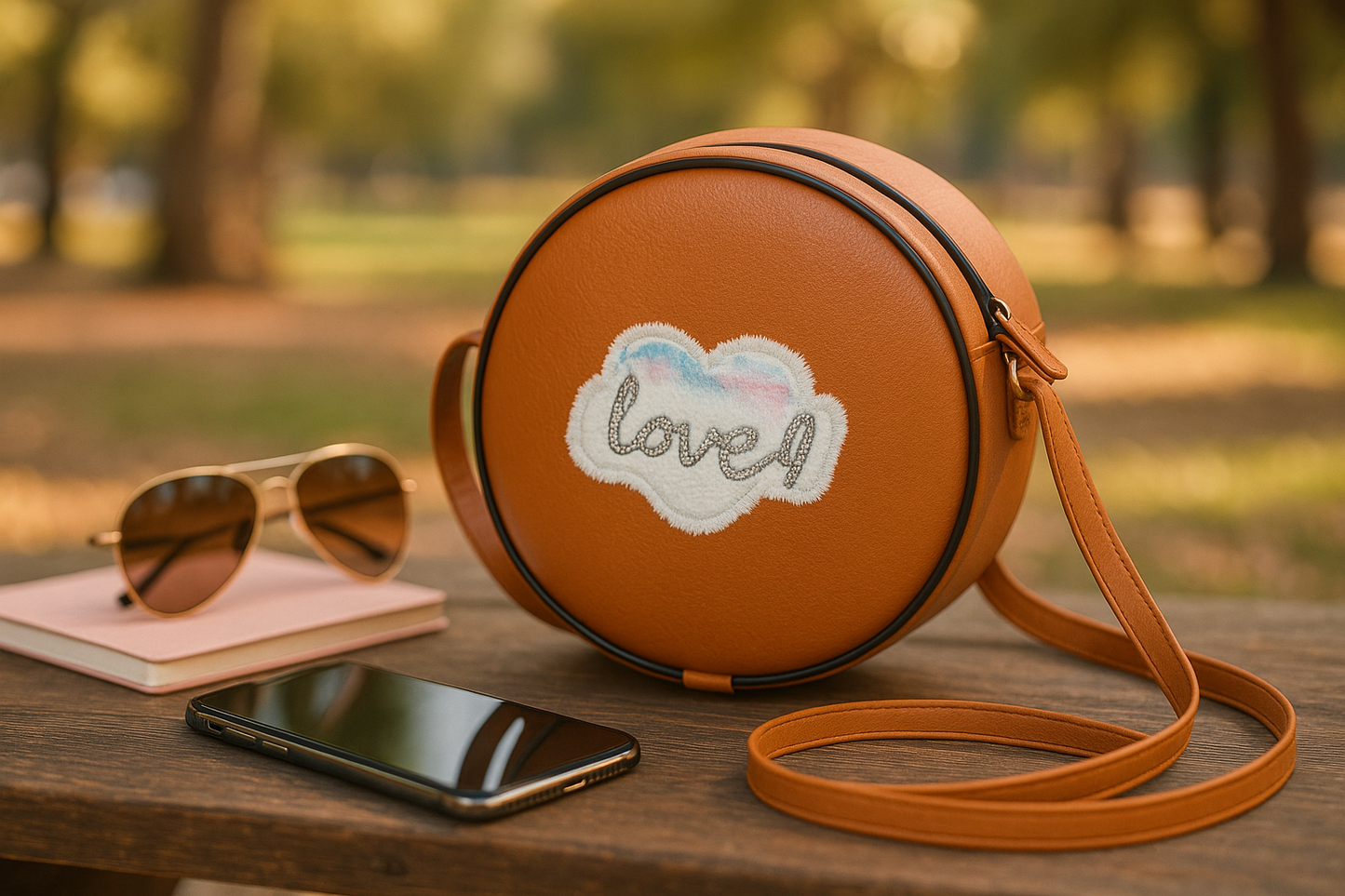 Miyaara Round Tan Sling Bag with Embroidered Patch