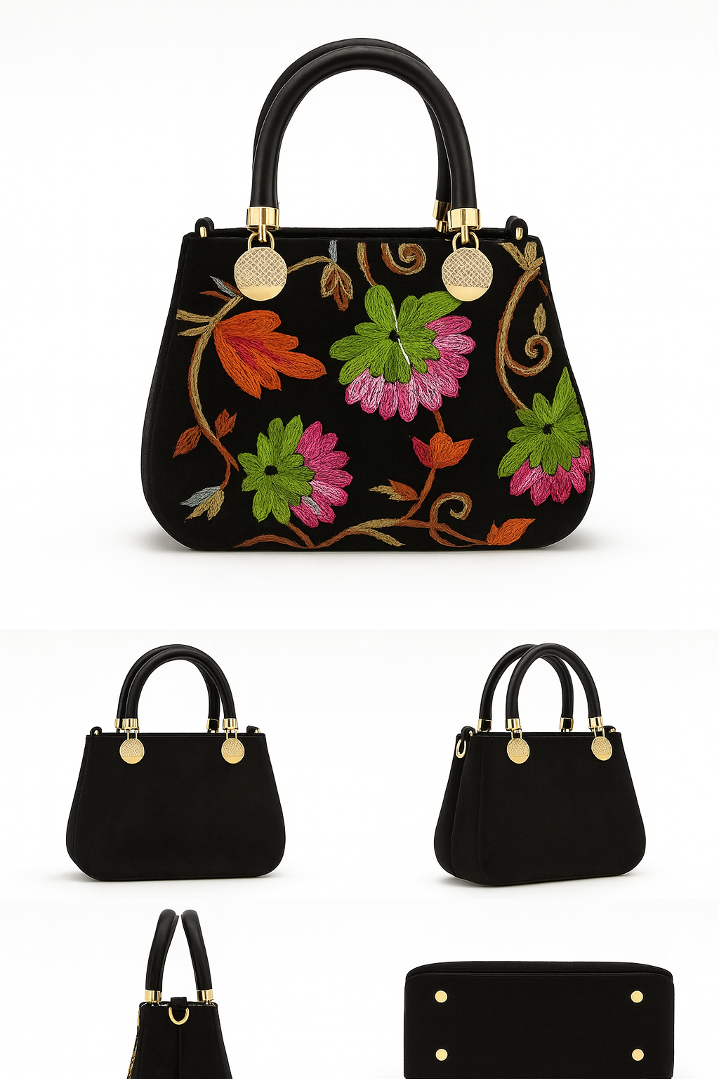 Miyaara Black Velvet Floral Embroidered Handbag