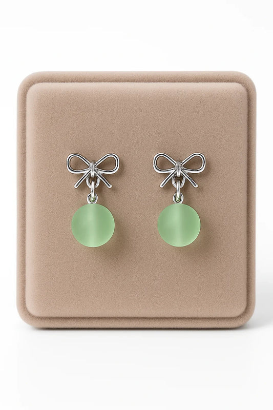 Miyaara Silver Bow Green Drop Earrings - Miyaara