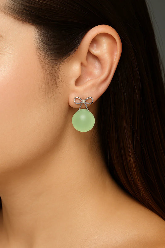 Miyaara Silver Bow Green Drop Earrings - Miyaara