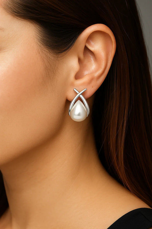 Miyaara Silver Teardrop Pearl Stud Earrings - Miyaara
