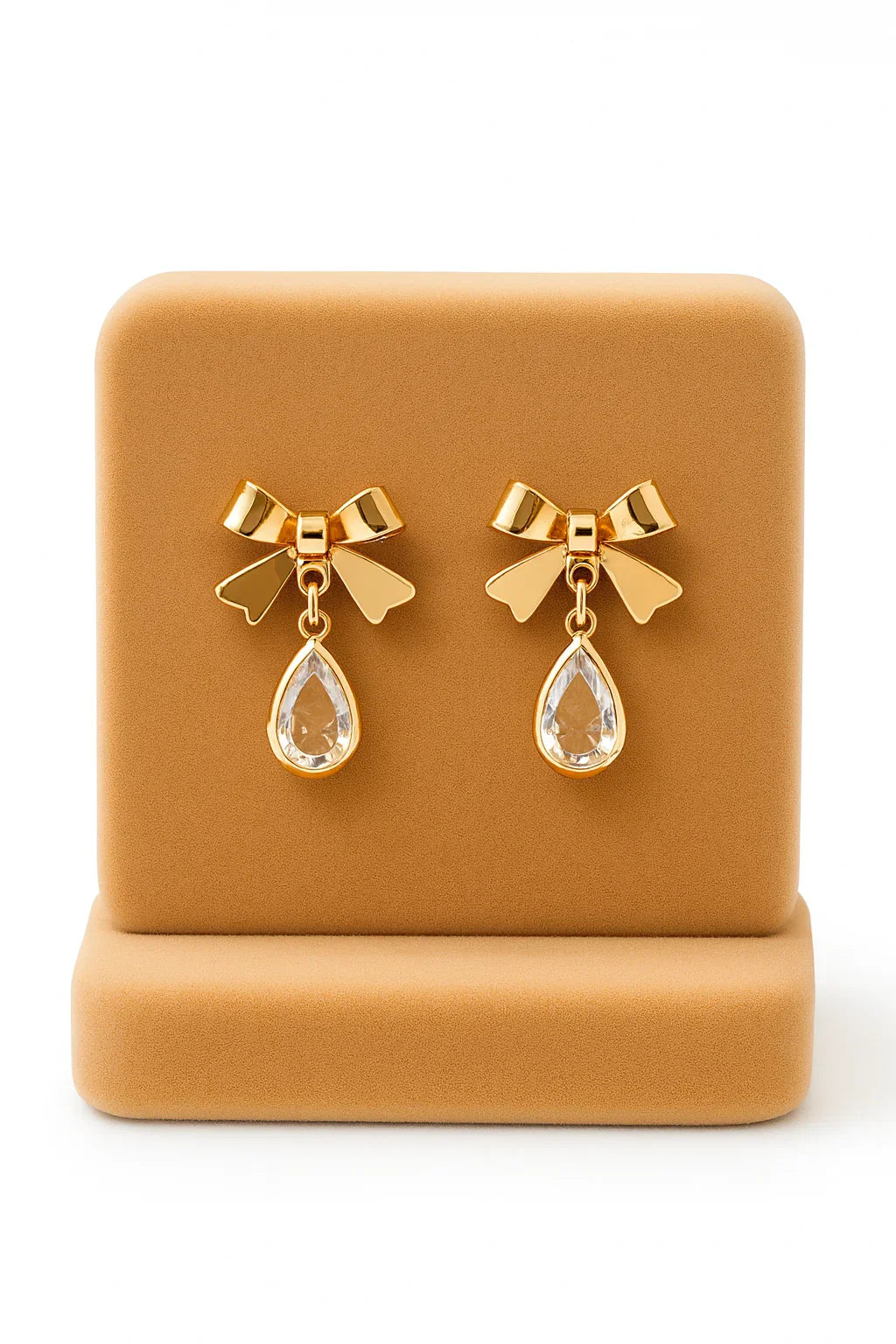 Miyaara Gold Bow Drop Earrings with Crystal Teardrop