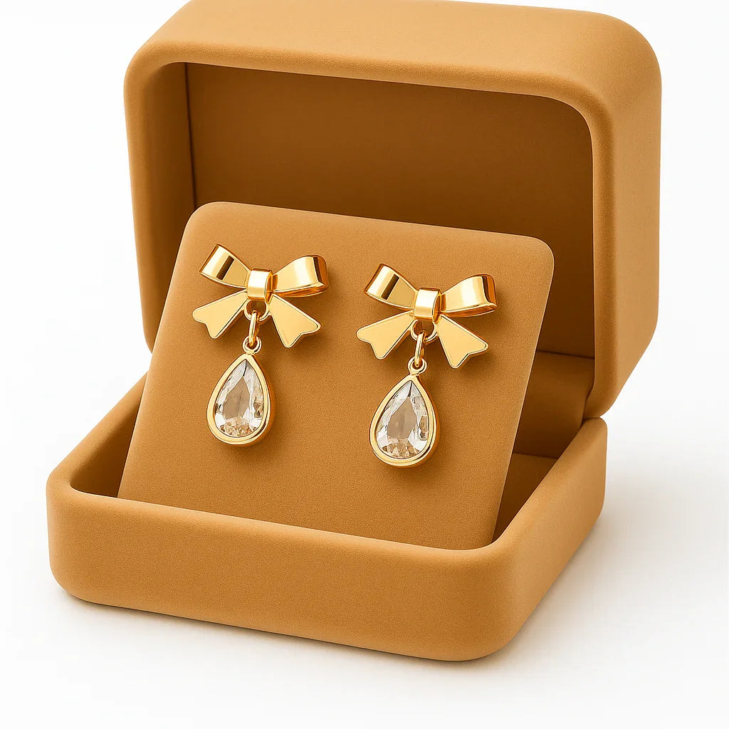 Miyaara Gold Bow Drop Earrings with Crystal Teardrop