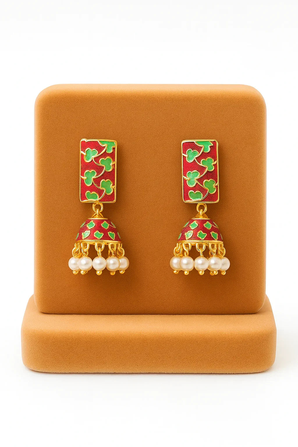 Miyaara Red & Green Enamel Jhumka Earrings with Pearl Drops