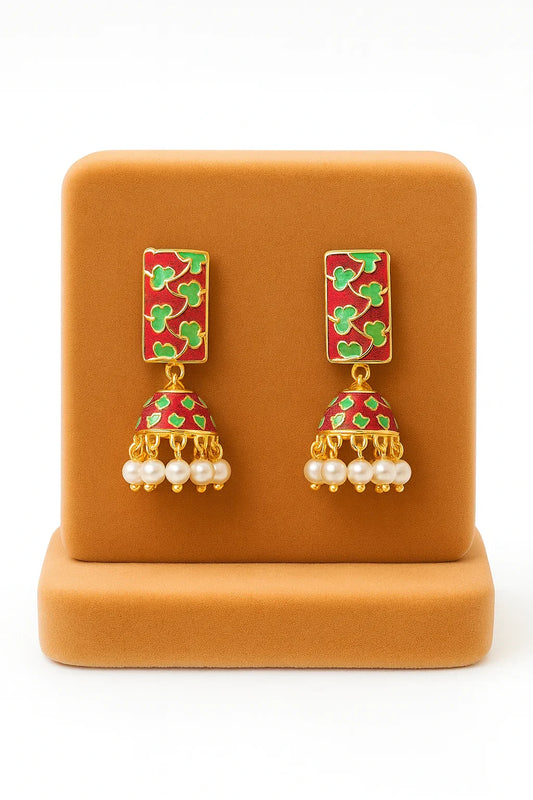 Miyaara Red & Green Enamel Jhumka Earrings with Pearl Drops