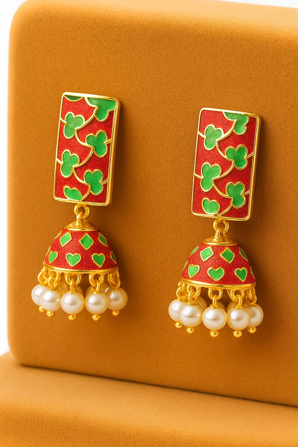 Miyaara Red & Green Enamel Jhumka Earrings with Pearl Drops