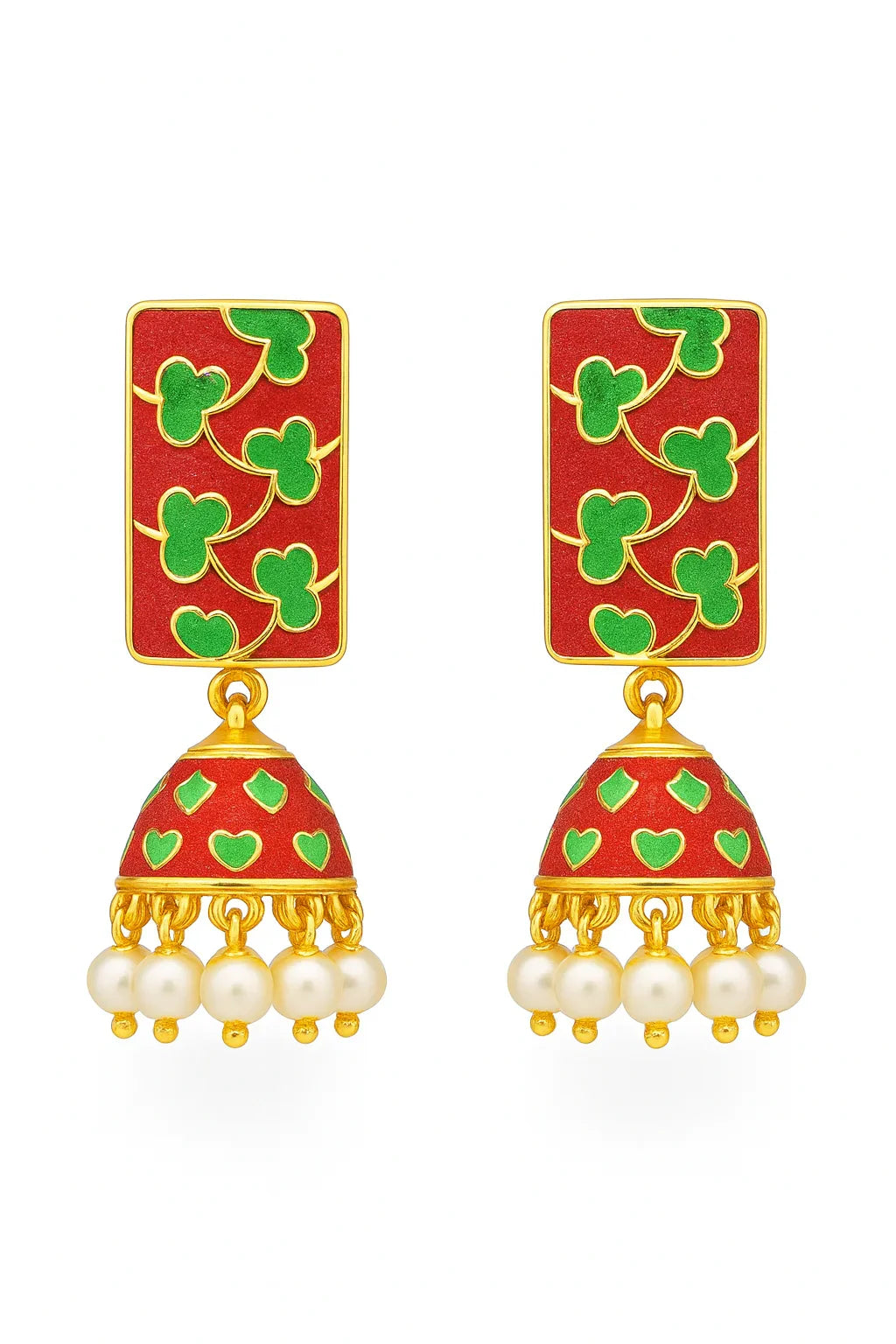 Miyaara Red & Green Enamel Jhumka Earrings with Pearl Drops