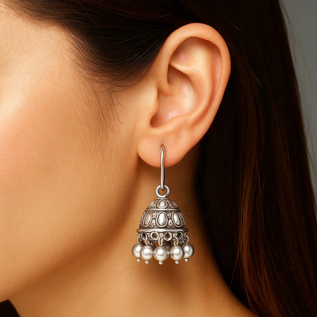 Miyaara Silver Oxidized Jhumka Earrings with Pearl Drops