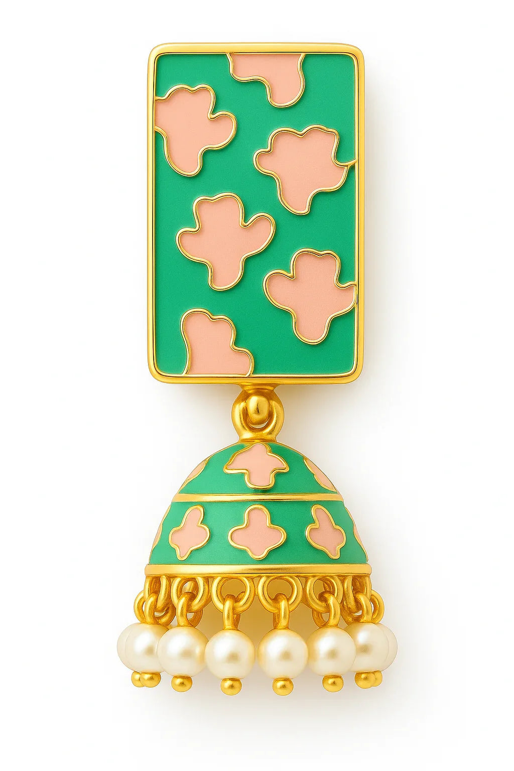 Miyaara Green & Pink Enamel Jhumka Earrings with Pearl Drops