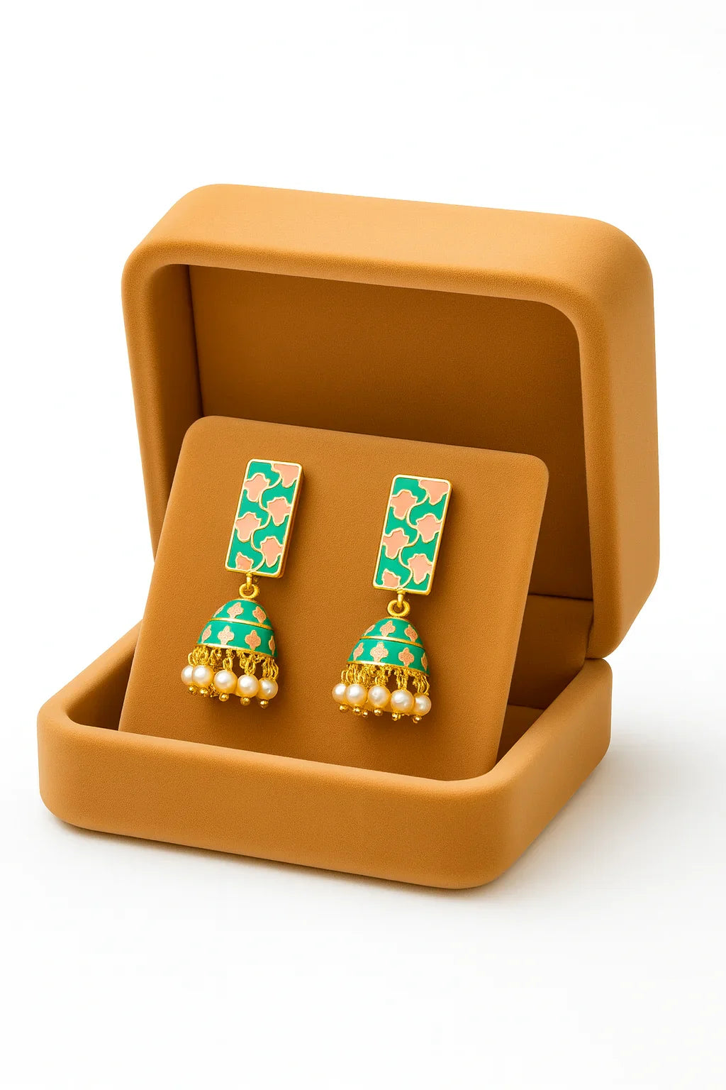 Miyaara Green & Pink Enamel Jhumka Earrings with Pearl Drops