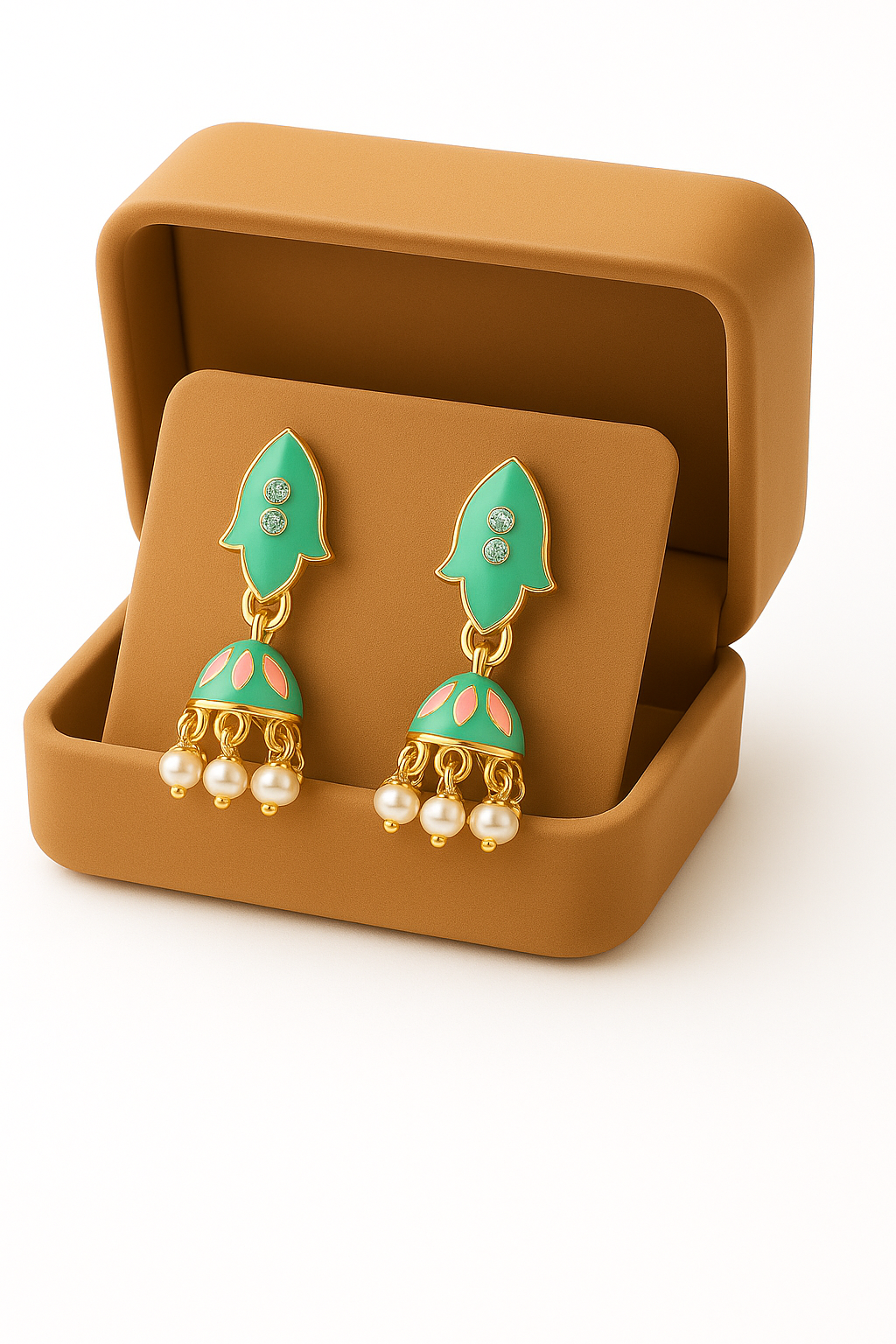 Miyaara Green Enamel Pearl Drop Earrings – Elegant Gold-Tone Jhumki