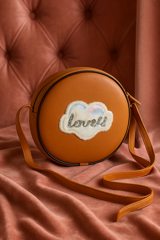 Miyaara Round Tan Sling Bag with Embroidered Patch