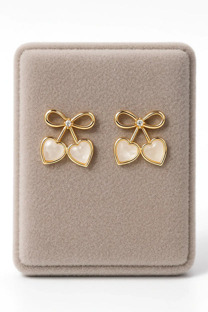 Miyaara Golden Bow Heart Earrings with Crystal Accent - Miyaara