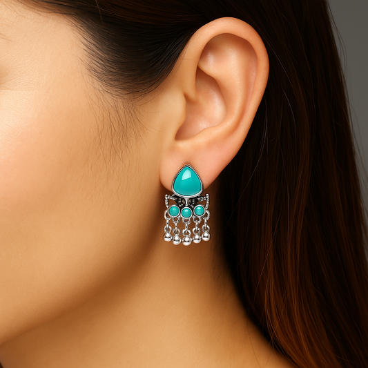 Miyaara Oxidised Silver Turquoise Drop Earrings – Boho Chic Statement Jewelry
