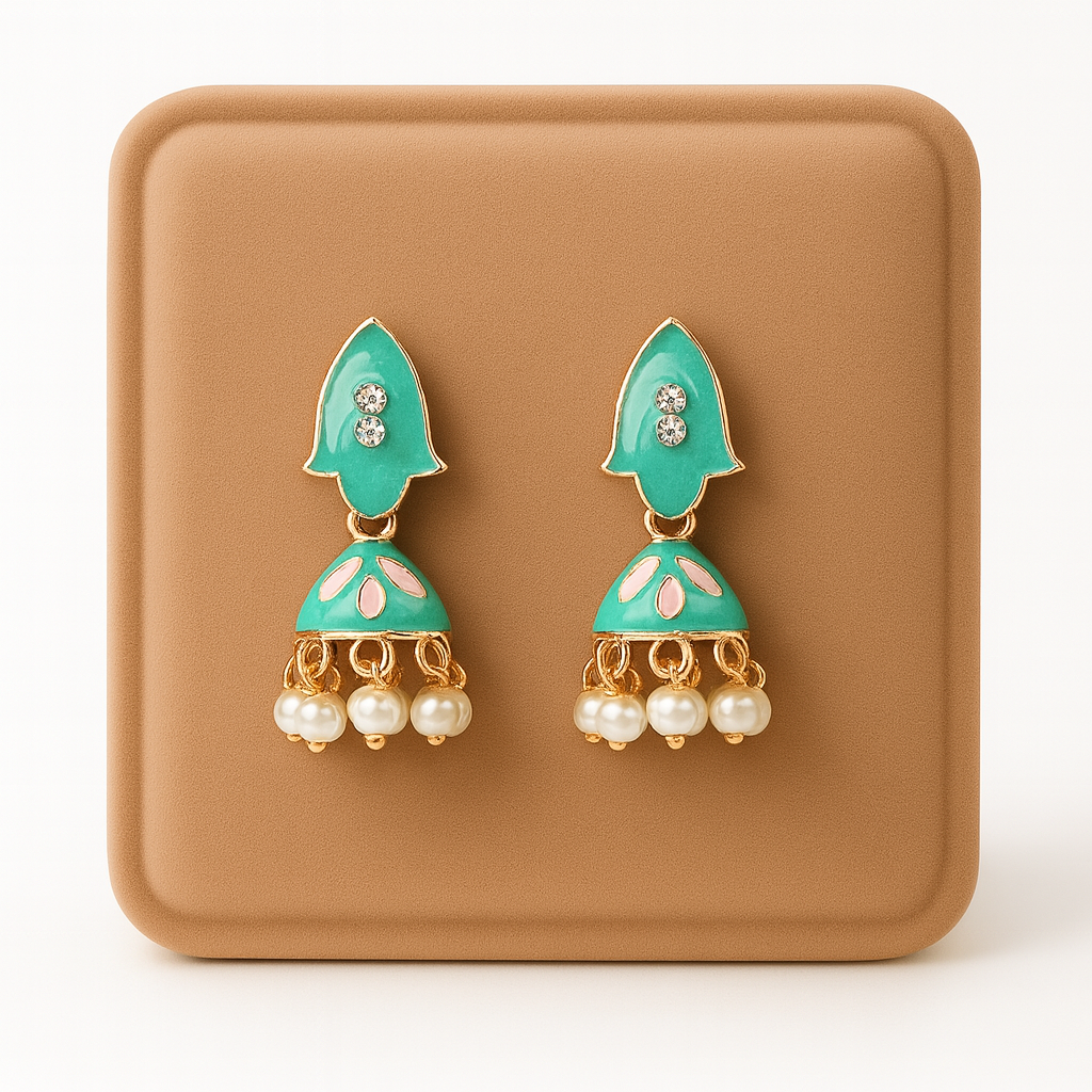 Miyaara Green Enamel Pearl Drop Earrings – Elegant Gold-Tone Jhumki