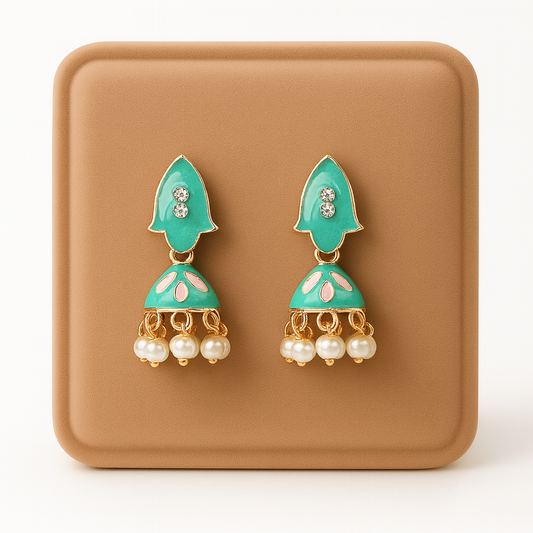 Miyaara Green Enamel Pearl Drop Earrings – Elegant Gold-Tone Jhumki