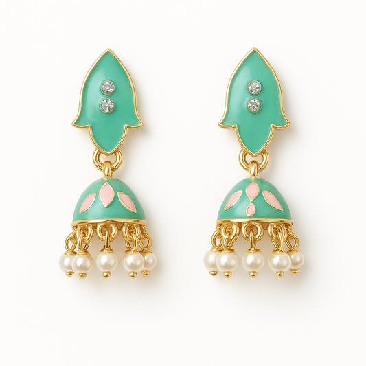 Miyaara Green Enamel Pearl Drop Earrings – Elegant Gold-Tone Jhumki