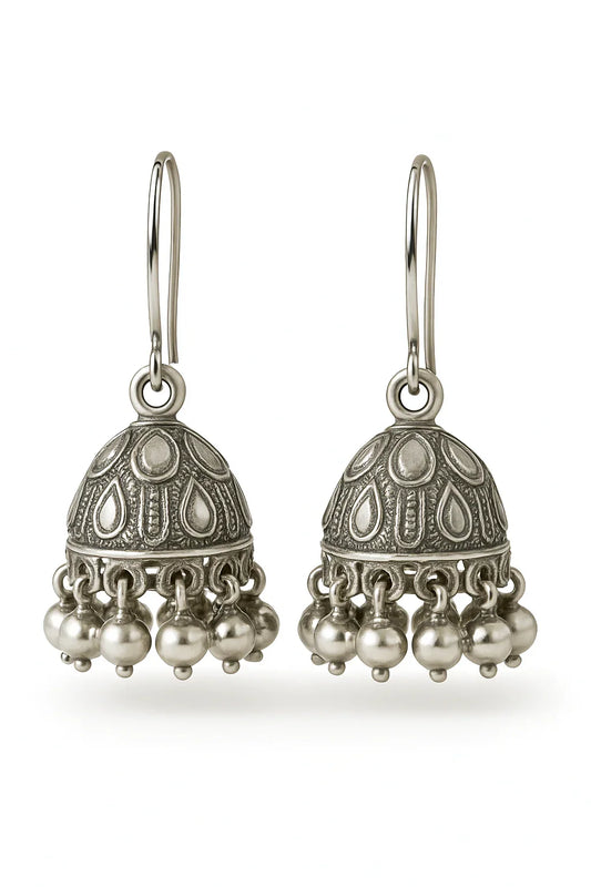 Miyaara Silver Oxidized Jhumka Earrings with Pearl Drops