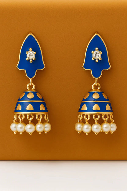 Miyaara Blue Enamel Jhumka Earrings with Pearl Drops