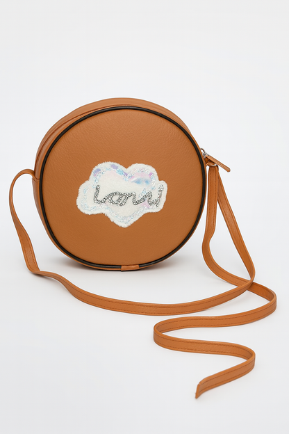 Miyaara Round Tan Sling Bag with Embroidered Patch