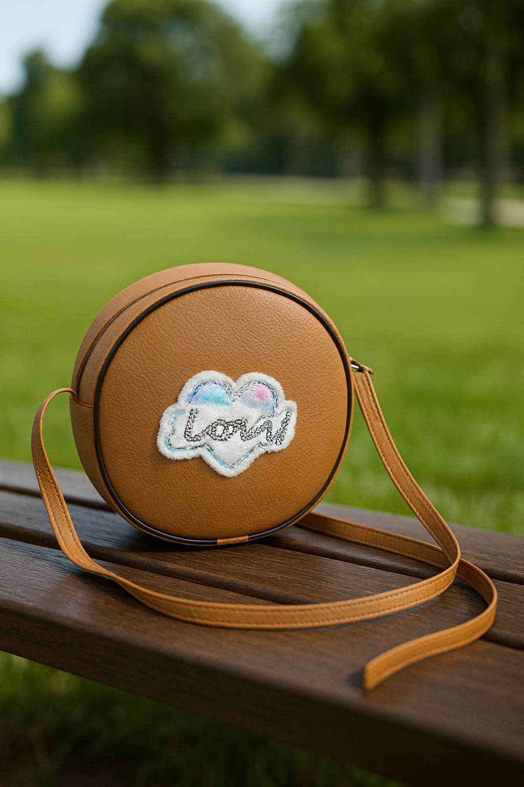 Miyaara Round Tan Sling Bag with Embroidered Patch