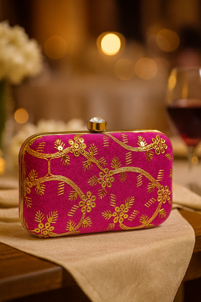 Miyaara Pink Velvet Embroidered Minaudière Clutch