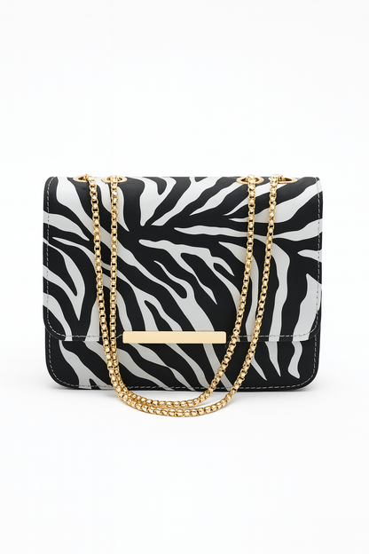 Miyaara Zebra Print Shoulder Bag with Gold Chain