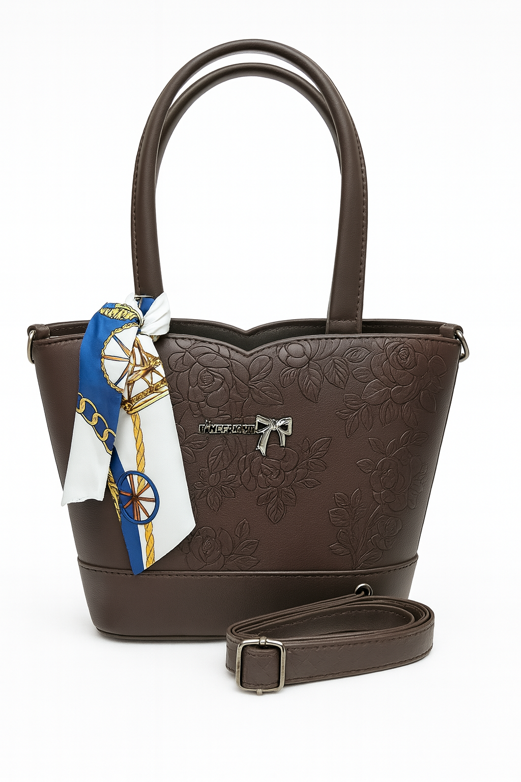 Miyaara Brown Embossed Tote Bag with Scarf Detail