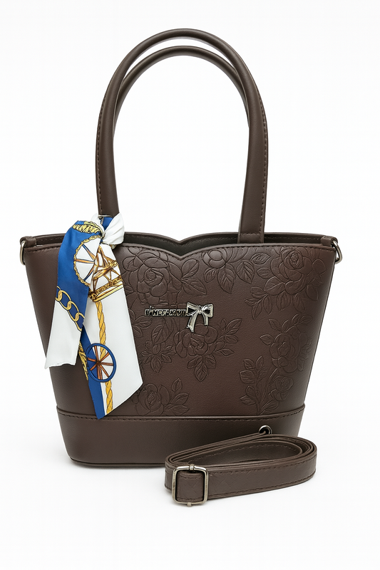 Miyaara Brown Embossed Tote Bag with Scarf Detail