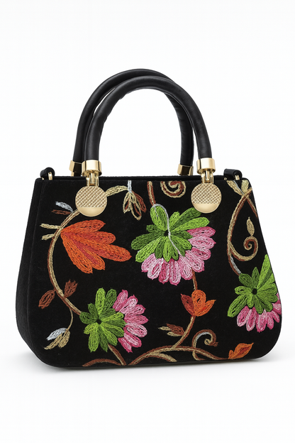 Miyaara Black Velvet Floral Embroidered Handbag