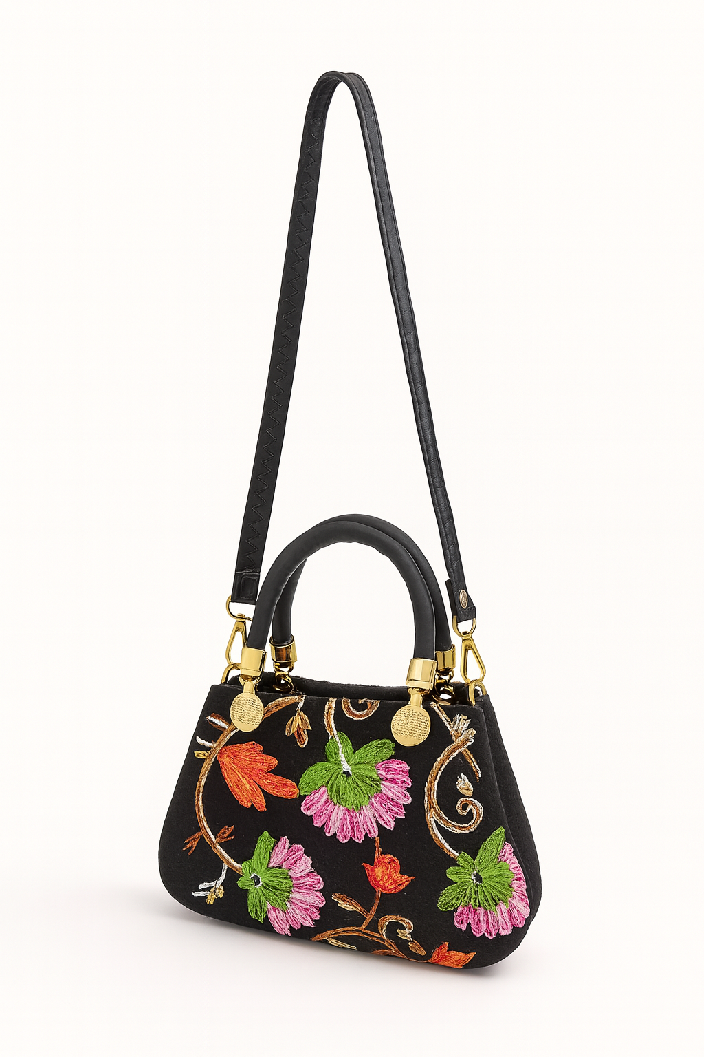 Miyaara Black Velvet Floral Embroidered Handbag