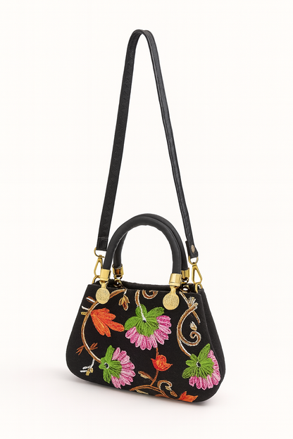 Miyaara Black Velvet Floral Embroidered Handbag