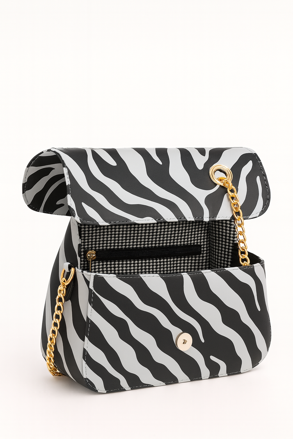 Miyaara Zebra Print Shoulder Bag with Gold Chain