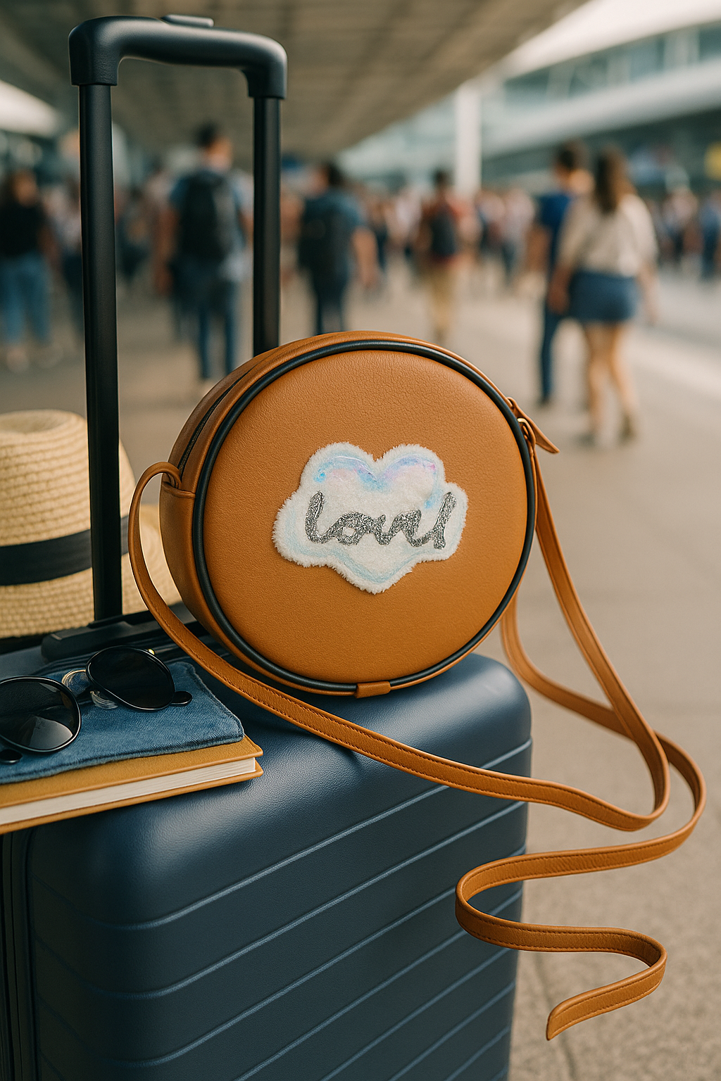 Miyaara Round Tan Sling Bag with Embroidered Patch