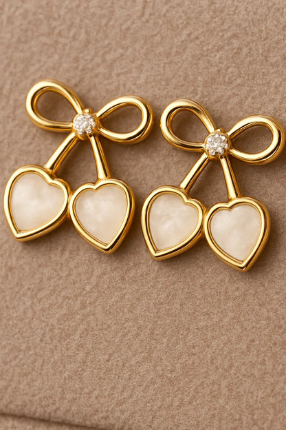 Miyaara Golden Bow Heart Earrings with Crystal Accent - Miyaara