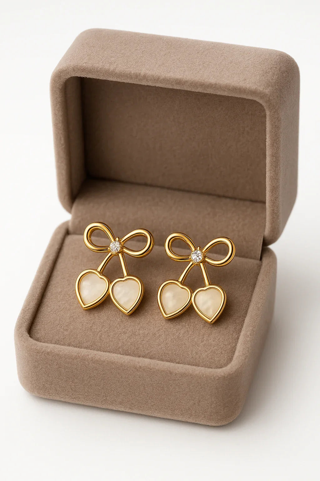 Miyaara Golden Bow Heart Earrings with Crystal Accent - Miyaara