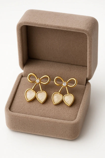 Miyaara Golden Bow Heart Earrings with Crystal Accent - Miyaara