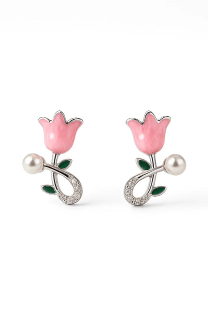 Miyaara Pink Rose Blossom Pearl Earrings - Miyaara