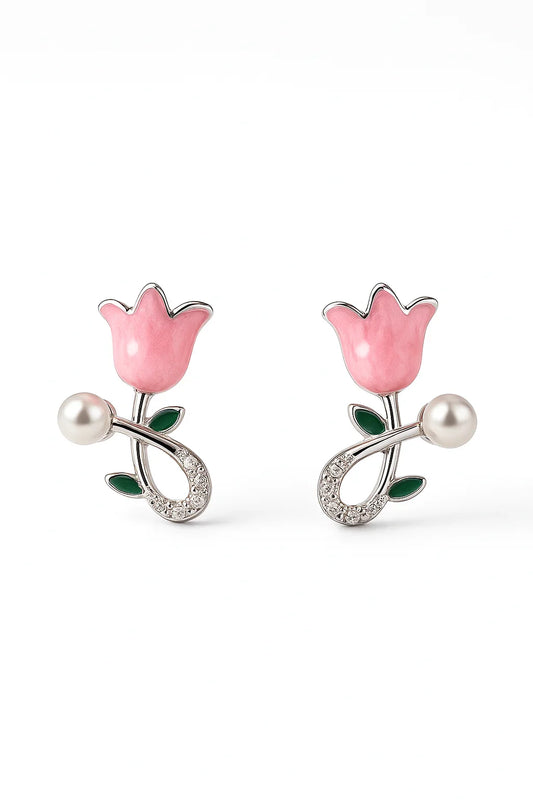 Miyaara Pink Rose Blossom Pearl Earrings - Miyaara