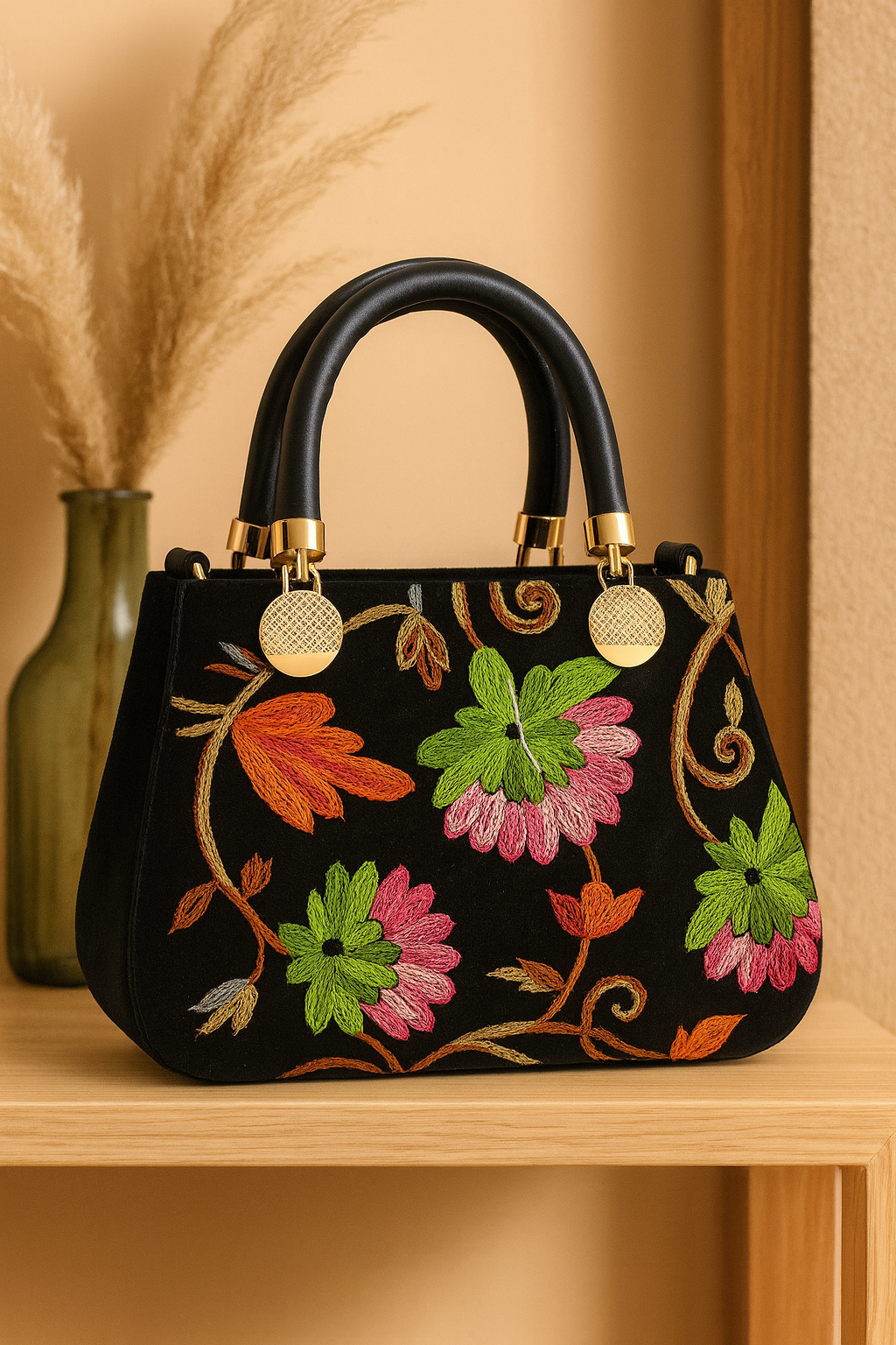 Miyaara Black Velvet Floral Embroidered Handbag